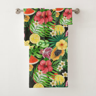 Conjunto De Toalhas Frutas tropicais, flores e folhas a preto