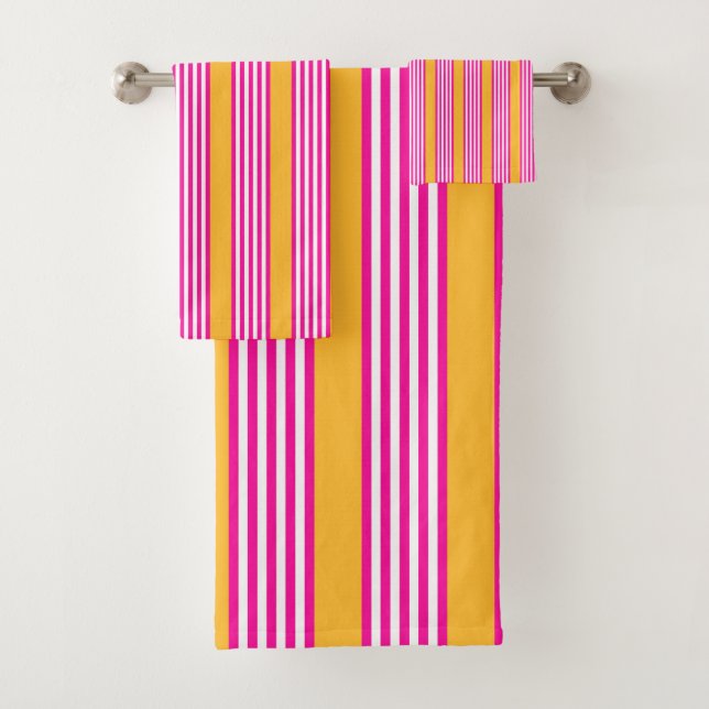Conjunto De Toalhas Fuchsia e padrão amarelo de cinco faixas (Insitu)