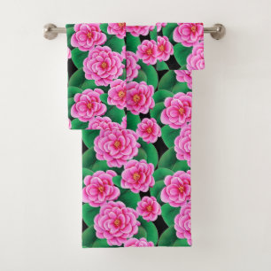 Conjunto De Toalhas Fuchsia Pink Camellias e Jade Green Folhas