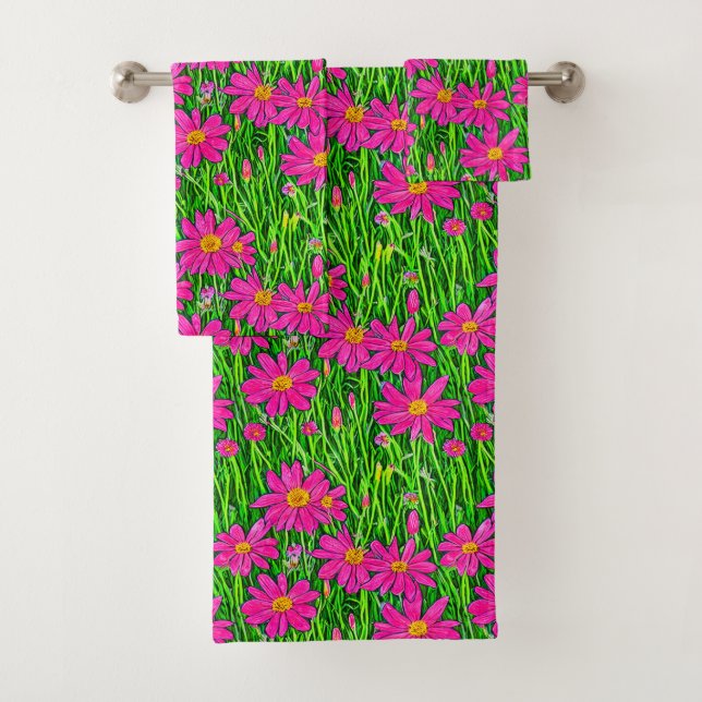 Conjunto De Toalhas Fuchsia Rosa Flores Selvagens em Campo (Insitu)