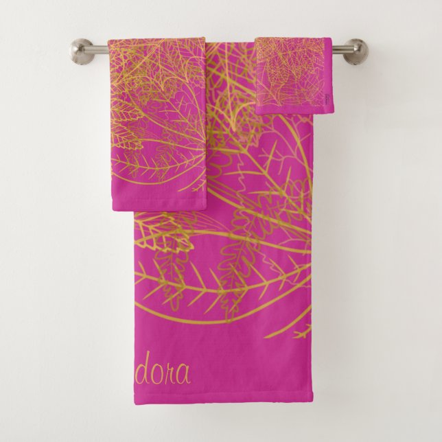 Conjunto De Toalhas Fundo Classic Dourado Folha Fuchsia (Insitu)