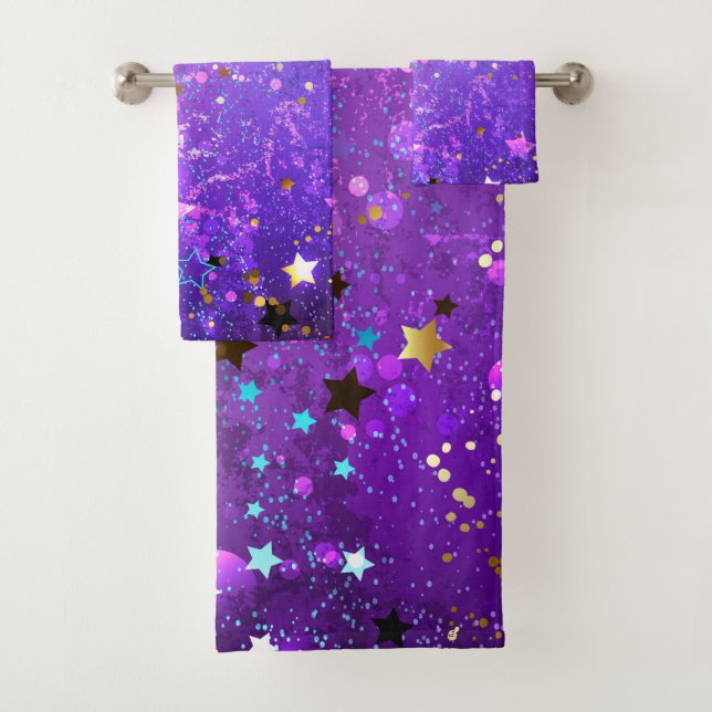 Conjunto De Toalhas Fundo de folhas roxas com estrelas (Insitu)