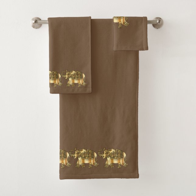 Conjunto De Toalhas Fundo Dourado extravagante dos elefantes | Brown (Insitu)