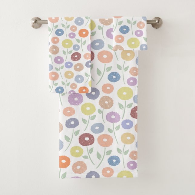 Conjunto De Toalhas Fuzzy Flower Pattern Pastels on White (Insitu)