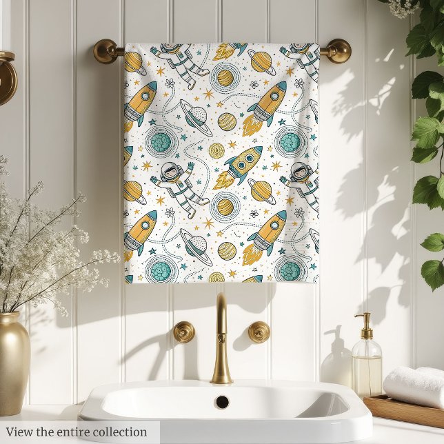 Conjunto De Toalhas Galaxy Bath Towel Rockets & Planets in Soft Hues (Galaxy Bath Towel Rockets & Planets in Soft Hues)