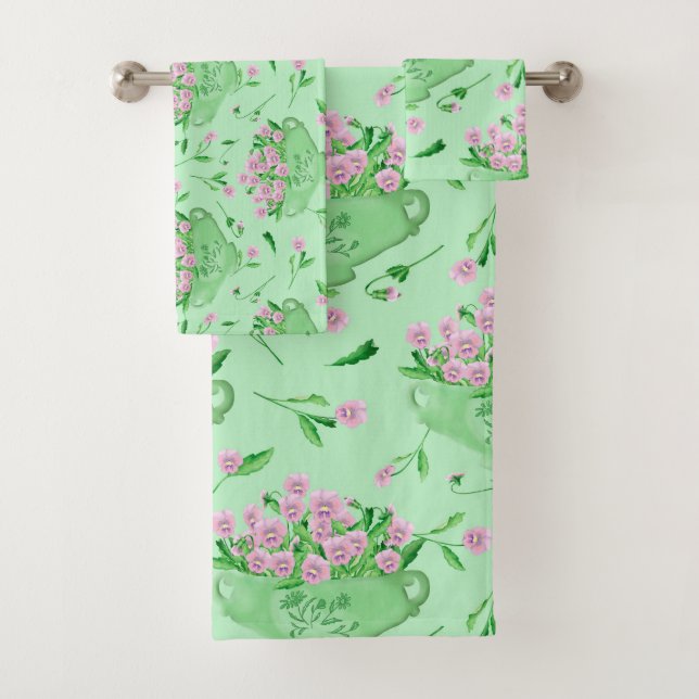 Conjunto De Toalhas Galeria verde pansias vermelhas e fundo (Insitu)