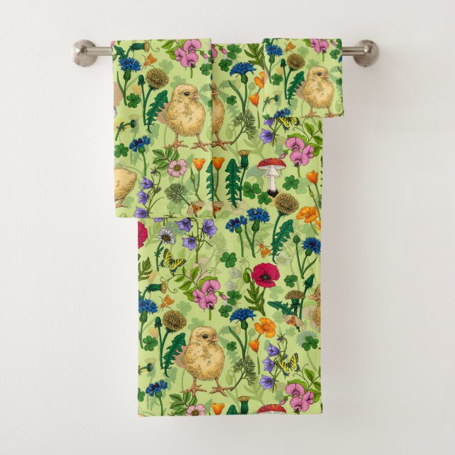 Conjunto De Toalhas Galinhas e flores silvestres em verde-orvalho (Insitu)