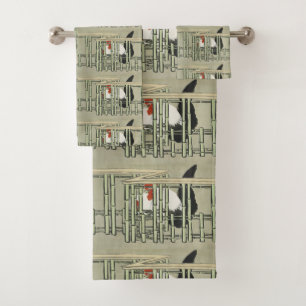 Conjunto De Toalhas Galo Japonês Antigo Atrás da Arte da Cerca de Bamb