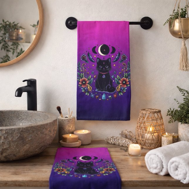 Conjunto De Toalhas Gata Preta Celestial Mística Roxo Rosa (Criador carregado)