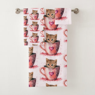 Conjunto De Toalhas Gatinho Bonito em Teacup com Padrão de Coração