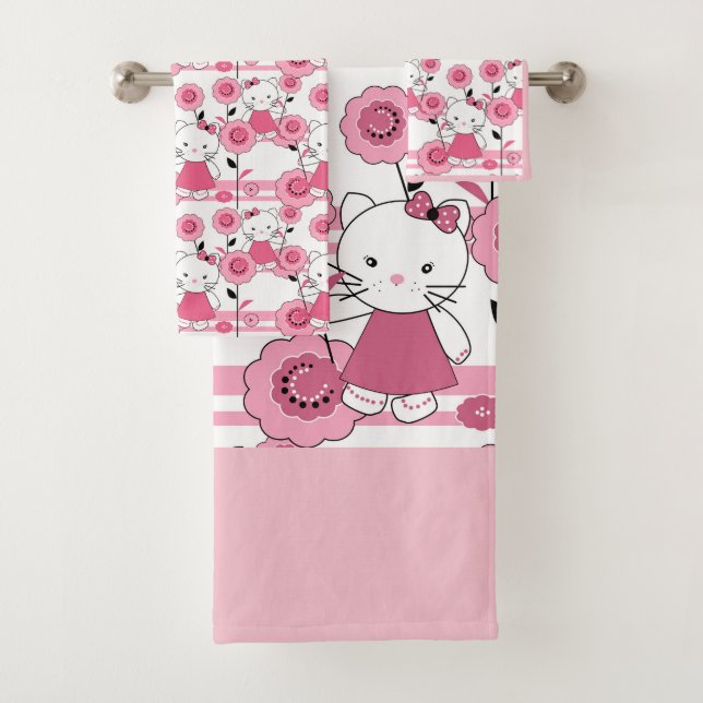 Conjunto De Toalhas Gatinho branco rosa, impressão (Insitu)