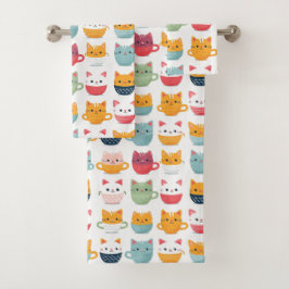 Conjunto De Toalhas Gatinho Feminino Padrão Xícaras Coloridas Gatinhos