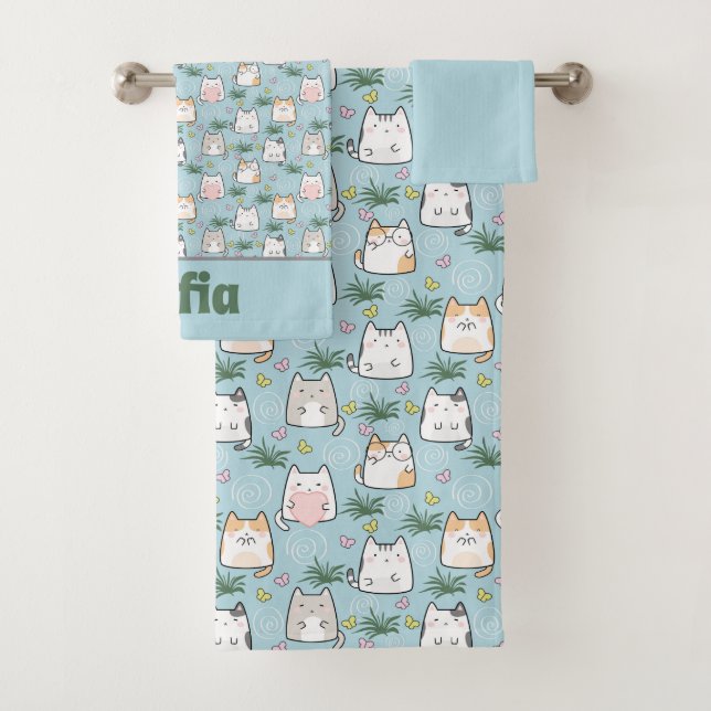 Conjunto De Toalhas Gatinho kawaii, branco, azure nome azul (Insitu)