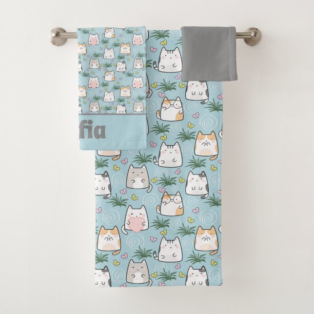 Conjunto De Toalhas Gatinho kawaii, branco, cinza azul (Insitu)