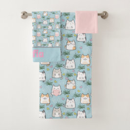 Conjunto De Toalhas Gatinho kawaii, branco, nome azul-rosa