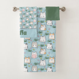 Conjunto De Toalhas Gatinho kawaii verde nome azul