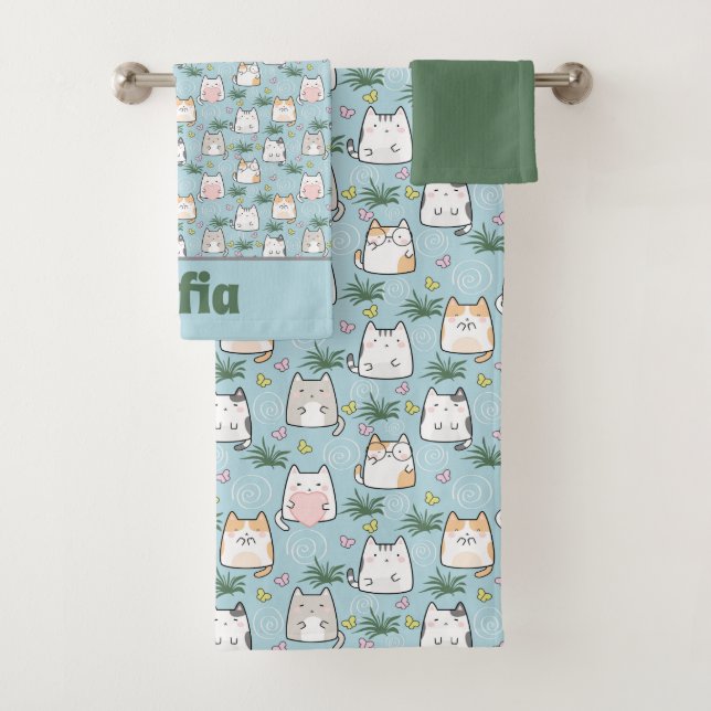Conjunto De Toalhas Gatinho kawaii verde nome azul (Insitu)