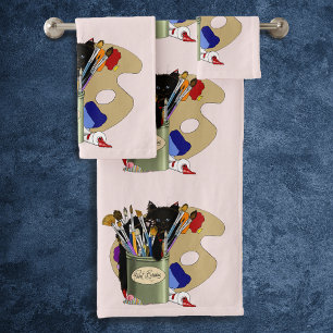 Conjunto De Toalhas Gatinho Preto Pincel Jar Artista Gato Rosa