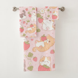 Conjunto De Toalhas Gatinhos Fofos e Padrão de Morango Doce