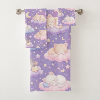 Conjunto De Toalhas Gatinhos Sonolentos Sonhadores em Estrelas e Nuven