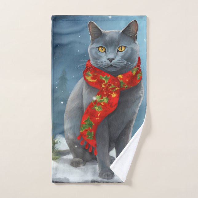 Conjunto De Toalhas Gato Azul Russo na Neve Natal (Toalha de mão)