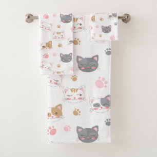 Conjunto De Toalhas Gato bonito encara um padrão de gatos sorridente