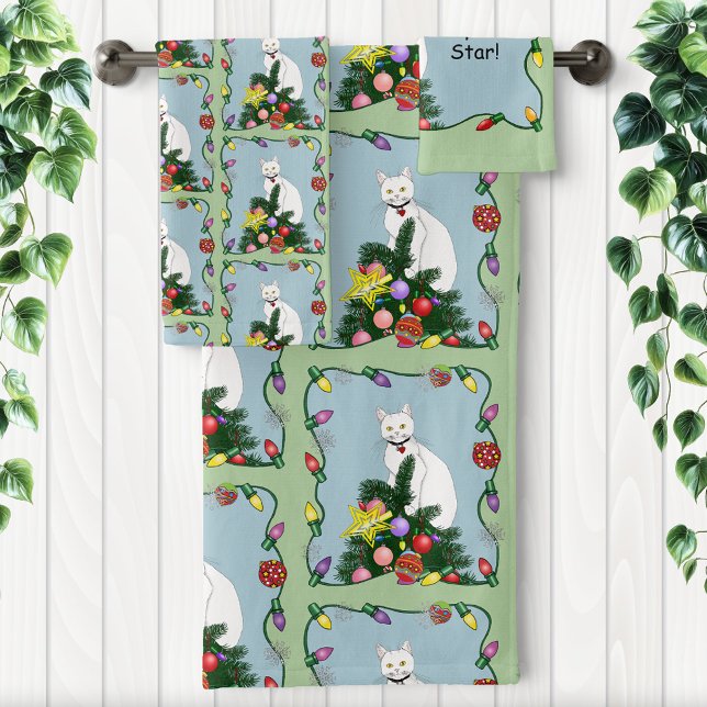 Conjunto De Toalhas Gato Branco Engraçado da Árvore de Natal (Criador carregado)