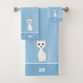Conjunto De Toalhas Gato Branco & Monograma em Azul Claro