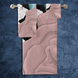 Conjunto De Toalhas Gato branco preto Tuxedo Cobertura azul-rosa