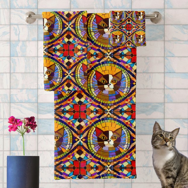 Conjunto De Toalhas Gato de Calico Mosaico em Azulejos de Vidro Colori (Criador carregado)