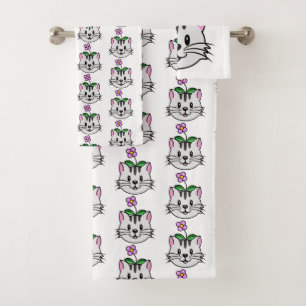 Conjunto De Toalhas Gato de Cartoon Bonito com Flor na Cabeça