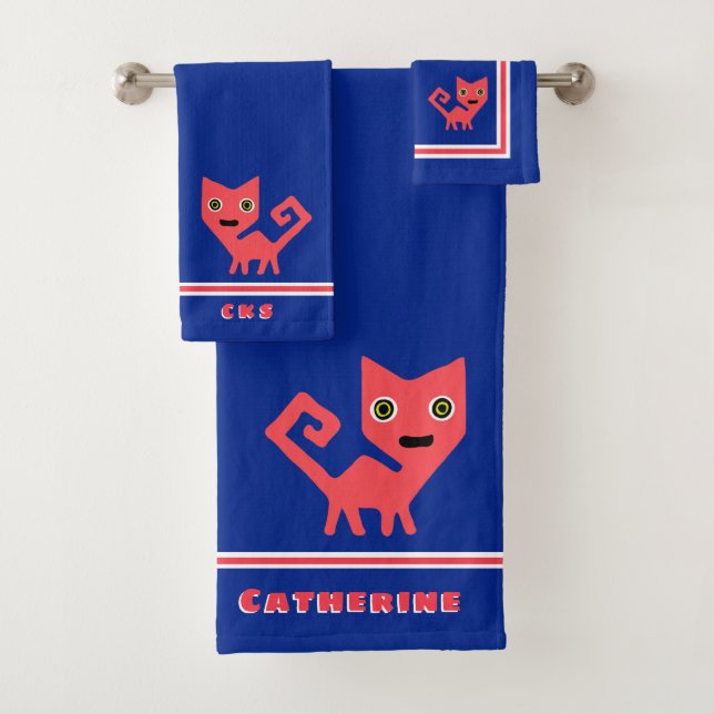 Conjunto De Toalhas Gato de Gatinho Rosa Quente em Azul Personalizado (Insitu)