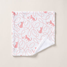Conjunto De Toalhas Gato Divertido e Padrão de Bola de Lã Coral Rosa C