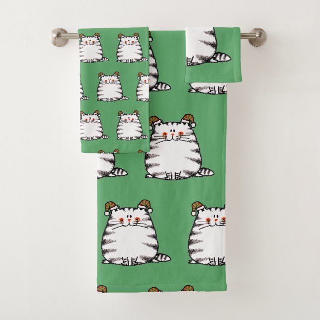Conjunto De Toalhas Gato Fofo e Gorducho com Dois Chapéus de Natal (Insitu)