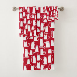 Conjunto De Toalhas Gato Fofo Vermelho e Branco