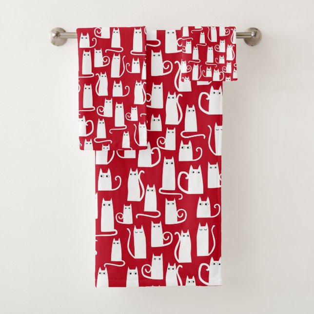 Conjunto De Toalhas Gato Fofo Vermelho e Branco (Insitu)