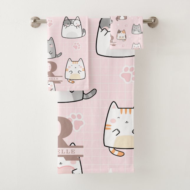 Conjunto De Toalhas Gato Kawaii num Fundo Rosa (Insitu)