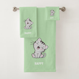 Conjunto De Toalhas Gato Malhado & Texto do Nome em Verde Claro