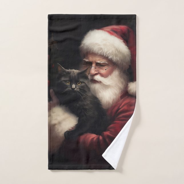 Conjunto De Toalhas Gato Negro com Papai Noel Natal Festivo (Toalha de mão)