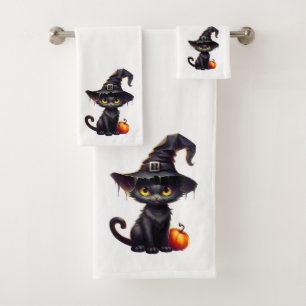 Conjunto De Toalhas Gato Negro vestindo um Chapéu de Bruxas