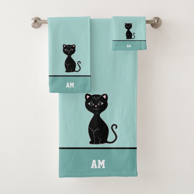 Conjunto De Toalhas Gato Preto e Monograma em Azul Claro (Insitu)