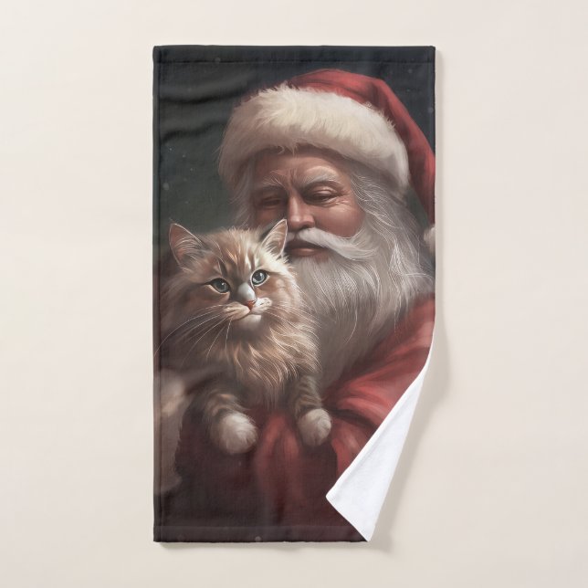 Conjunto De Toalhas Gato Siberiano com Papai Noel Natal Festivo (Toalha de mão)