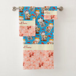 Conjunto De Toalhas Gato Sortudo Japonês Kimono Blue Rosa Koi Carp