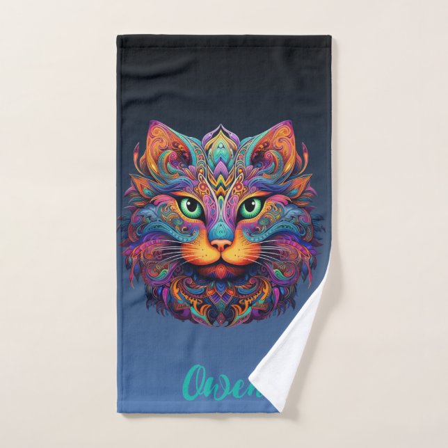 Conjunto De Toalhas Gato Tribal Colorido - Boho Vibrante Personalizado (Toalha de mão)