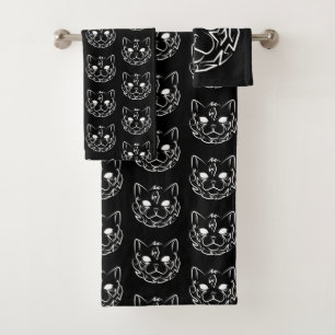 Conjunto De Toalhas Gato Tribal Negro e Branco