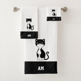 Conjunto De Toalhas Gato Tuxedo & Monograma em Preto e Branco