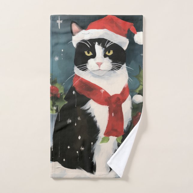 Conjunto De Toalhas Gato Tuxedo na Neve de Natal (Toalha de mão)