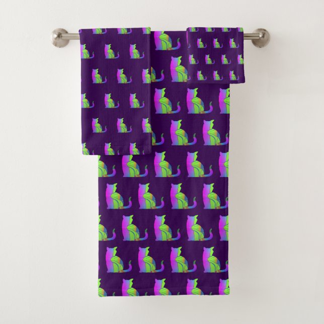 Conjunto De Toalhas Gato Verde Rosa Repetir Roxo (Insitu)