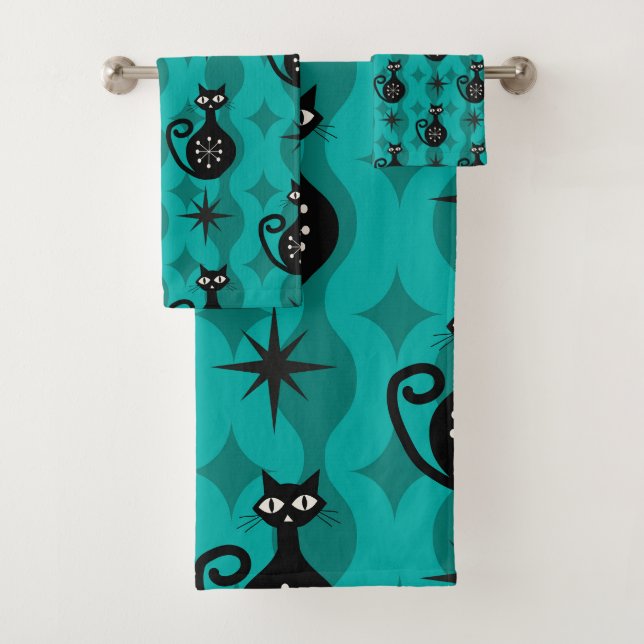 Conjunto De Toalhas Gatos Atômicos Preto de Meados do Século em Ogee A (Insitu)