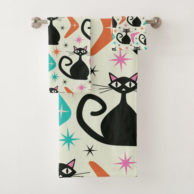 Conjunto De Toalhas Gatos Atômicos Pretos de Meados do Século com Bume (Insitu)